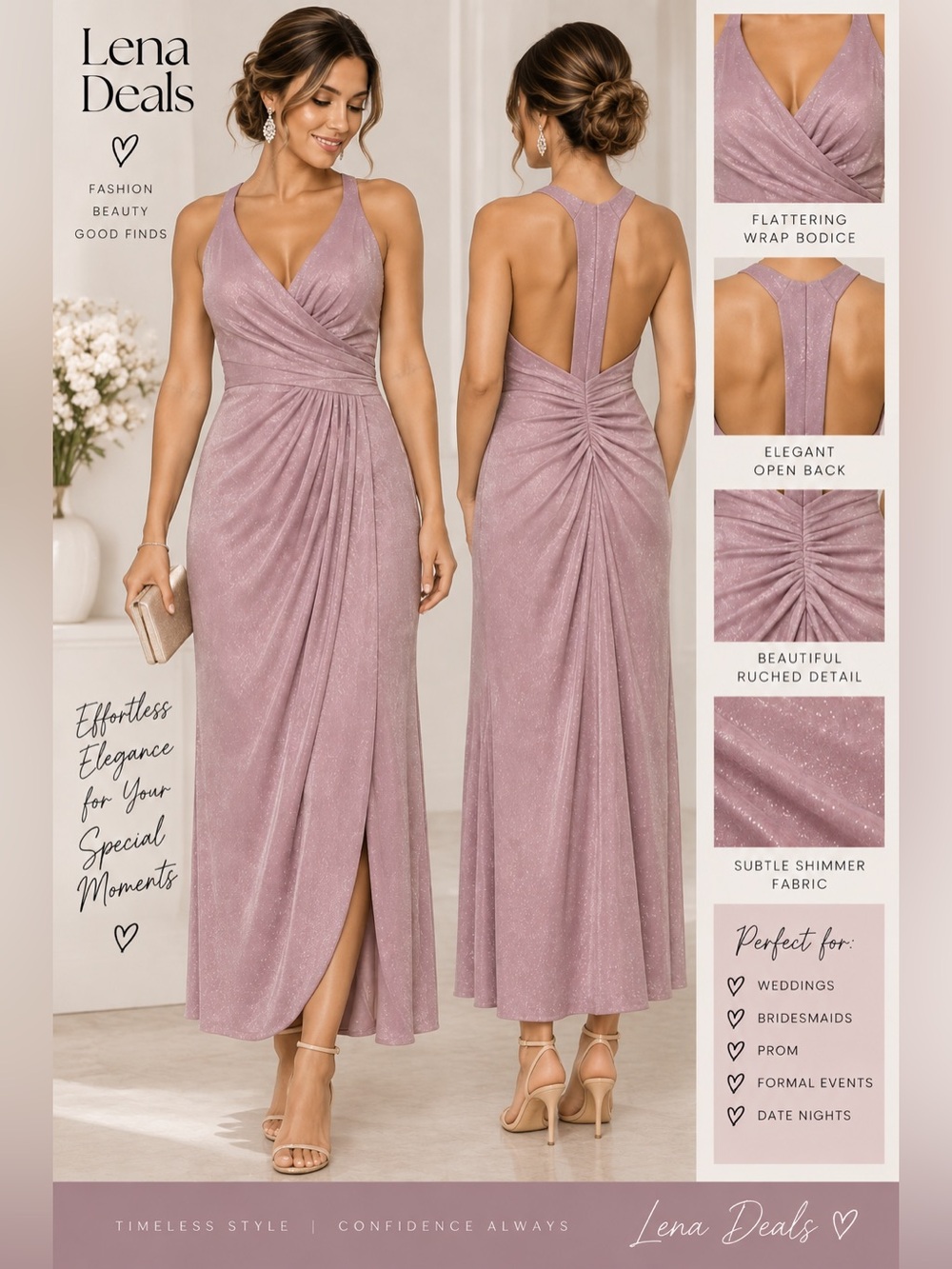 D B Studio Shimmer Wrap V-Neck Evening Dress - Skirt Slit Dusty Rose Sz 4